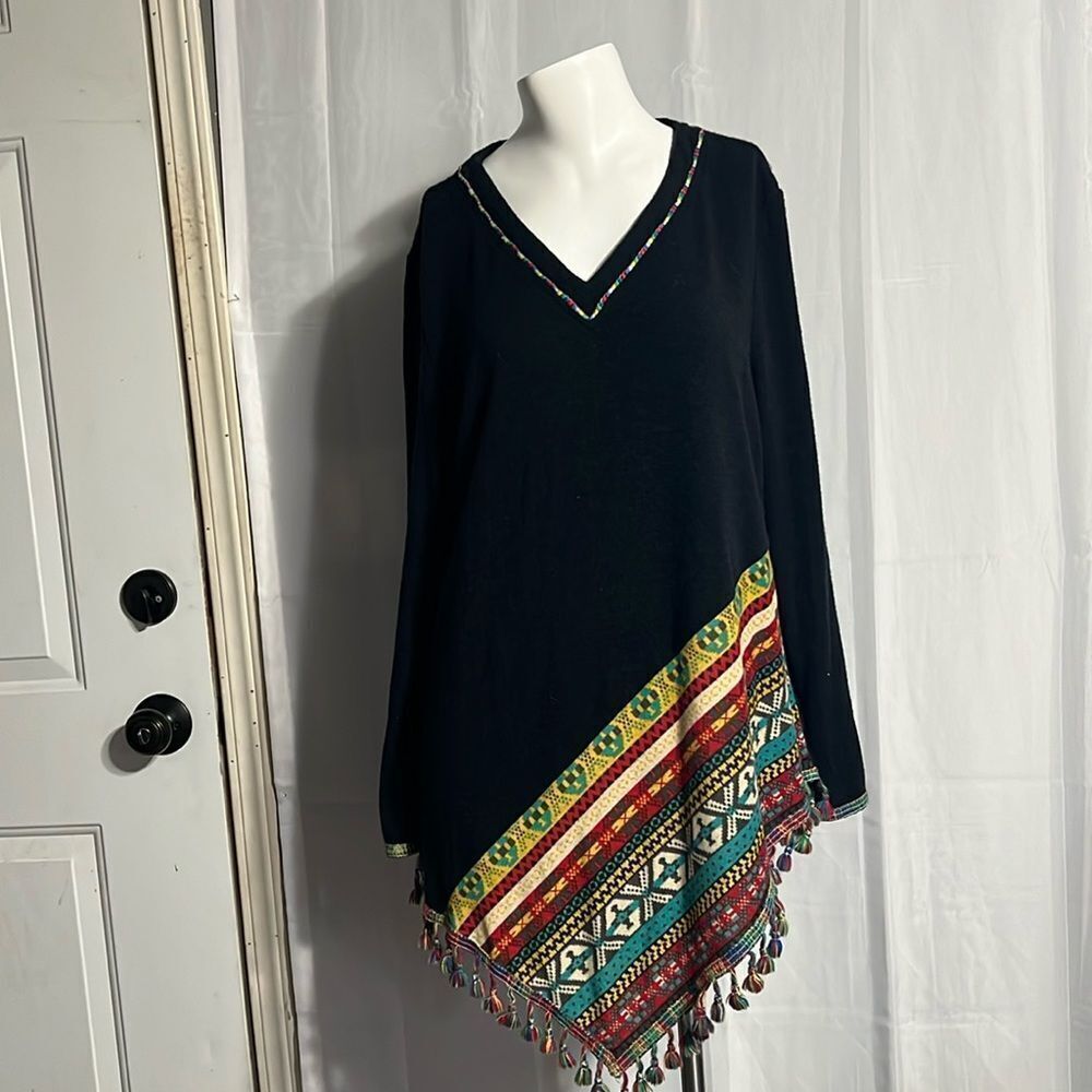 Paris Hues  Black Multi Color Long Sleeve Sweater Fringe Hem